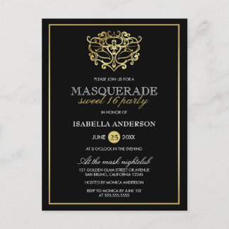 Elegantes Gold & Black Masquerade Sweet 16 Party Einladungspostkarte