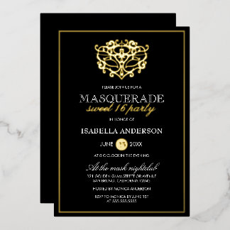 Elegantes Gold & Black Masquerade Sweet 16 Party Folieneinladung