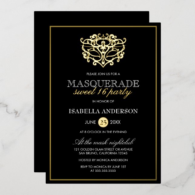 Elegantes Gold & Black Masquerade Sweet 16 Party Folieneinladung (Vorderseite/Rückseite)