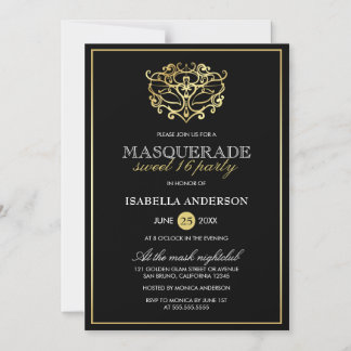 Elegantes Gold & Black Masquerade Sweet 16 Party Magneteinladung