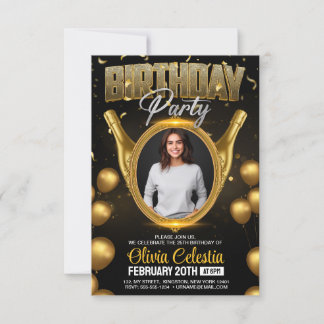 Elegantes Gold & Black Modern Birthday Party Foto Einladung