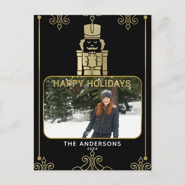 Elegantes Gold & Black Nutcracker Foto Feiertagspostkarte (Vorderseite)