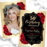 Elegantes Gold Black Red Foto 50. Geburtstag Einladung<br><div class="desc">Elegante florale feminine 50. Geburtstagseinladung mit Ihrem Foto auf der Kartenrückseite. Glam-Design mit Imitat Gold. Enthält rote Rosen,  Skript-Schriftart und Konfetti. Ideal für ein stilvolles Party für Erwachsene. Personalisieren Sie Ihre persönlichen Daten. Kann für jedes Alter angepasst werden! Gedruckte Zazzle Einladungen oder Sofortdownload digitalen druckbaren Vorlage.</div>