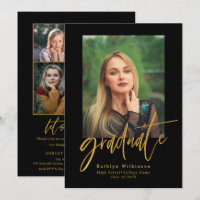 Elegantes Gold Black Script 5 Foto Collage Grad