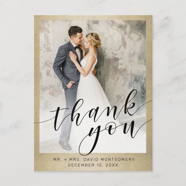 Elegantes Gold Black Script Wedding Foto Vielen Da Postkarte (Vorderseite)