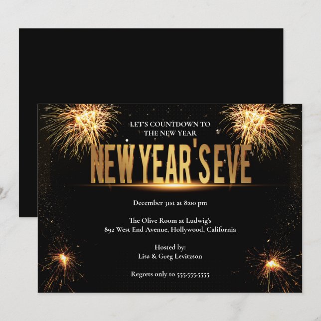 Elegantes Gold & Black Silvester Party Einladung (Vorne/Hinten)