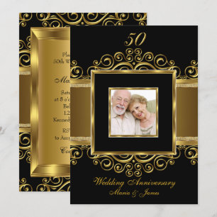 Elegantes Gold & Black Swirl Foto 50 Jahre alt Einladung