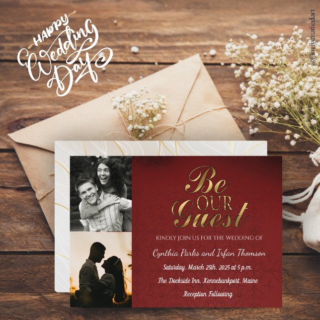 Elegantes Gold Black und Red Custom 2 Fotos Hochze Einladung (Von Creator hochgeladen)