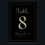 Elegantes Gold Black Wedding Empfang formales Aben Tischnummer<br><div class="desc">Das Party-Design für Hochzeiten-Tischnummern besticht durch eine klassische Eleganz mit zeitgenössischer, goldfarbener Note auf einem klassisch-eleganten schwarzen Hintergrund. Personalisieren Sie das Hochzeitstisch-Design mit Ihrem Namen, Hochzeitsdatum und Tischnummer in trendiger Schrift und Schrift. Die Rückseite der Karte ist ein Duplikat der Vorderseite. Befolgen Sie unsere einfach zu bedienende moderne Vorlage, um...</div>