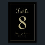 Elegantes Gold Black Wedding Empfang formales Aben Tischnummer<br><div class="desc">Das Party-Design für Hochzeiten-Tischnummern besticht durch eine klassische Eleganz mit zeitgenössischer, goldfarbener Note auf einem klassisch-eleganten schwarzen Hintergrund. Personalisieren Sie das Hochzeitstisch-Design mit Ihrem Namen, Hochzeitsdatum und Tischnummer in trendiger Schrift und Schrift. Die Rückseite der Karte ist ein Duplikat der Vorderseite. Befolgen Sie unsere einfach zu bedienende moderne Vorlage, um...</div>