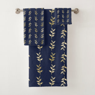 Elegantes Gold-Blätter-Muster in Midnight Blue Badhandtuch Set