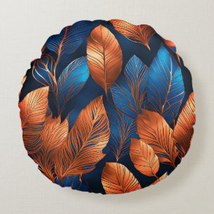 Elegantes Gold Blau Laub Naturdesign Rundes Kissen