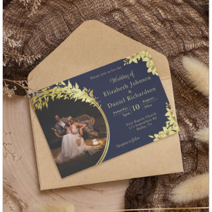 Elegantes Gold, Blau mit Lilies Foto Hochzeit Einladung