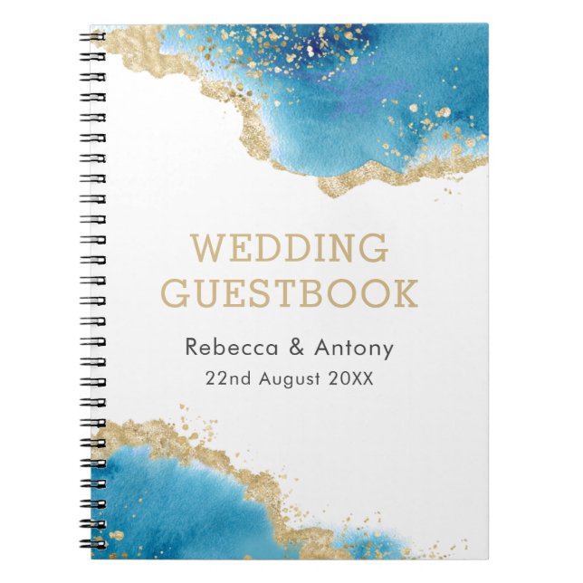 Elegantes Gold Blue Abstrakt Ocean Wedding Gästebu Notizblock (Vorderseite)