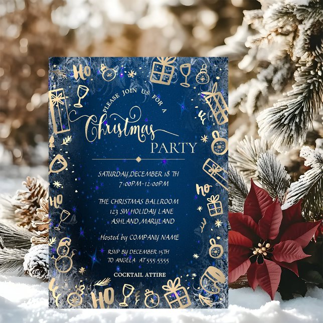 Elegantes Gold Blue Company Christmas Party Einladung (Von Creator hochgeladen)