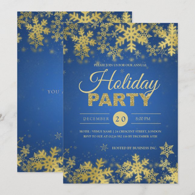 Elegantes Gold & Blue Corporate Weihnachten Party Einladung (Vorne/Hinten)