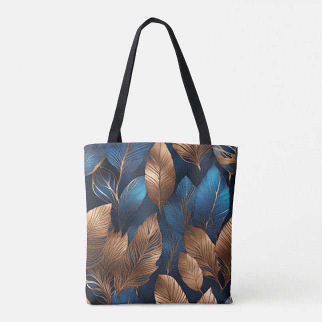 Elegantes Gold Blue Foliage Nature Design Tasche (Rückseite)