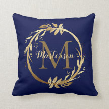 Elegantes Gold Blue Foliage Wreath Family Monogram