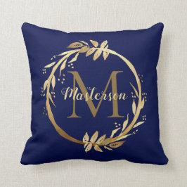 Elegantes Gold Blue Foliage Wreath Family Monogram Kissen