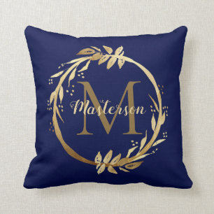 Elegantes Gold Blue Foliage Wreath Family Monogram Kissen