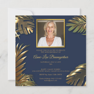 Elegantes Gold Blue Foto 50. Geburtstag Einladung