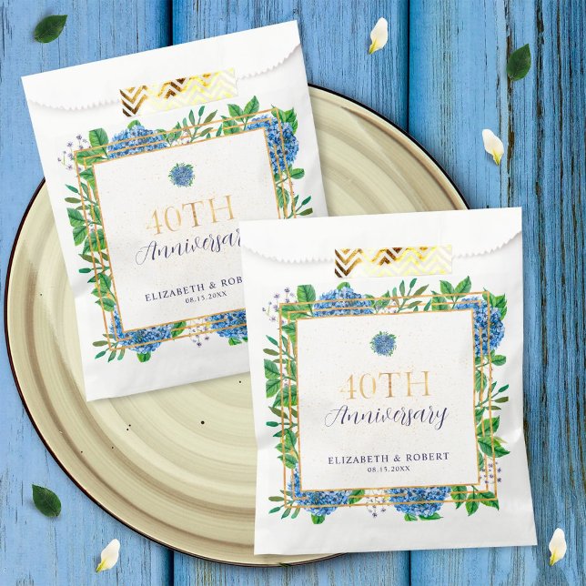 Elegantes Gold Blue Hydrangea 40 Jahre Party Geschenktütchen (Von Creator hochgeladen)