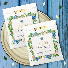 Elegantes Gold Blue Hydrangea 50 Jahre Party Geschenktütchen