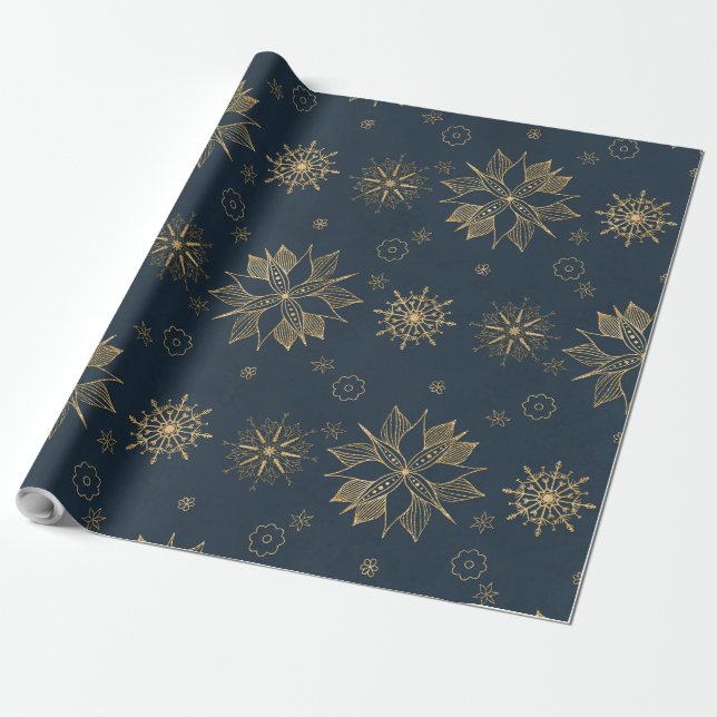 Elegantes Gold Blue Poinsettias Schneeflocken Must Geschenkpapier (Ungerollt)