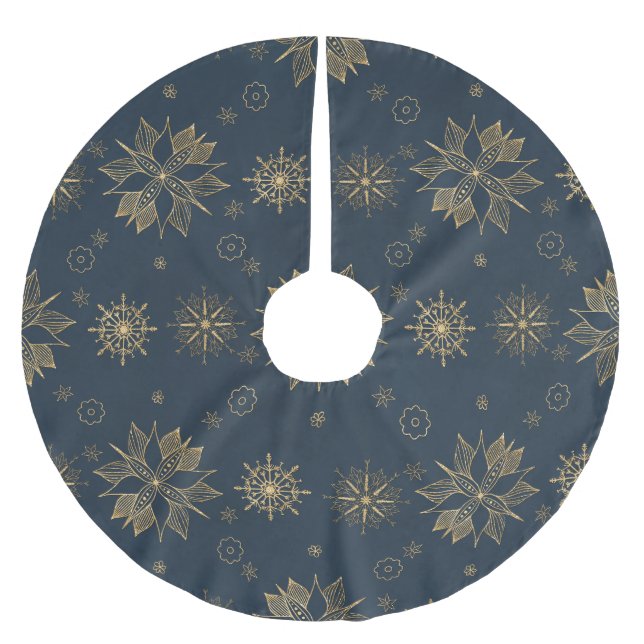 Elegantes Gold Blue Poinsettias Schneeflocken Must Polyester Weihnachtsbaumdecke (Vorderseite)