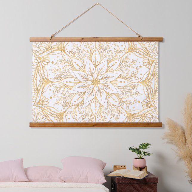 Elegantes Gold Blume Mandala Weißes Design Wandteppich Mit Holzrahmen (Schlafzimmer)