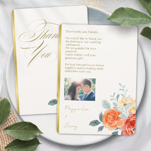 Elegantes Gold Blush Bloral Script Hochzeitsschrei Dankeskarte