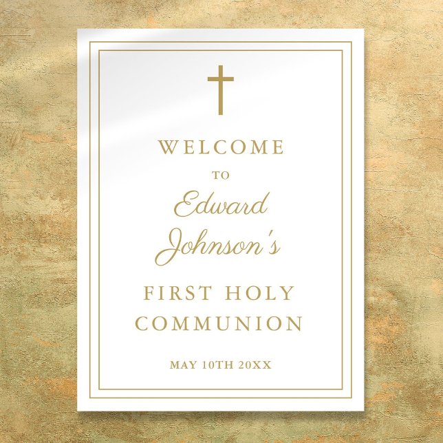 Elegantes Gold Border Heilige Kommune Willkommensz Poster (Elegant Gold Border Holy Communion Welcome Sign)