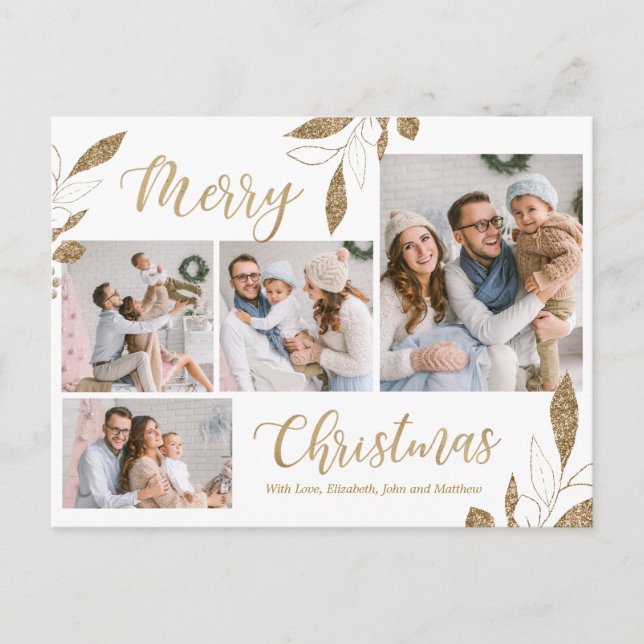 Elegantes Gold Botanical 4 Foto Collage Weihnachte Postkarte (Vorderseite)
