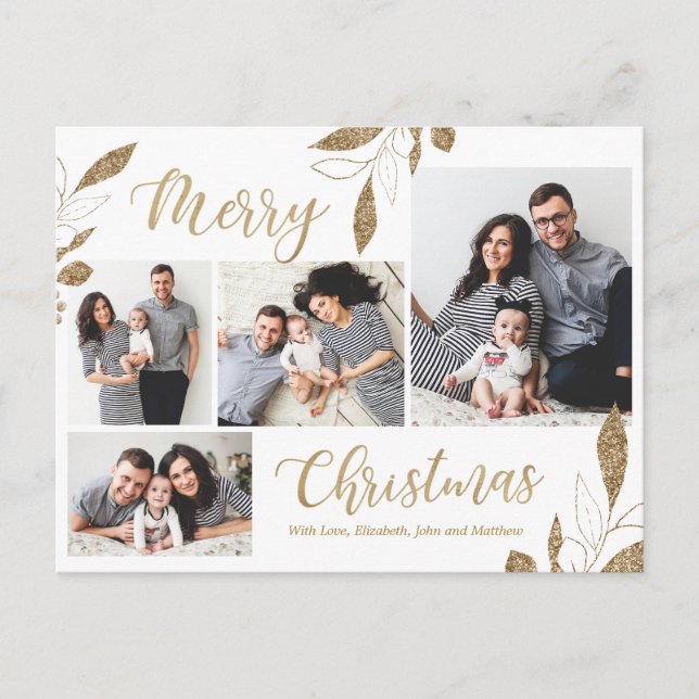 Elegantes Gold Botanical 4 Foto Collage Weihnachte Postkarte (Vorderseite)