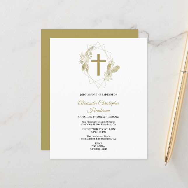 Elegantes Gold/BUDGET/Taufen Einladung. (Vorderseite/Rückseite Beispiel)