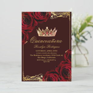 Elegantes Gold-Burgund Foto Quinceanera Einladung