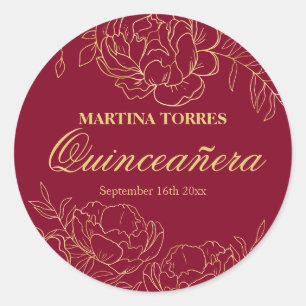 Elegantes Gold Burgund Rote Flora Quinceanera Runder Aufkleber