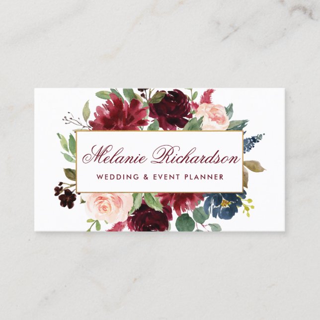 Elegantes Gold Burgundy Blaue Wasserfarbe Visitenkarte (Vorderseite)