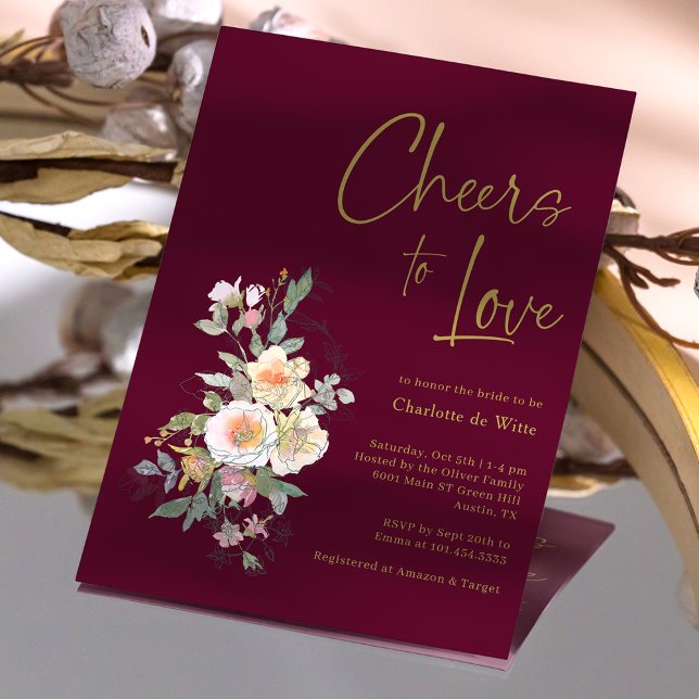 Elegantes Gold Burgundy Floral Brautparty Einladung (Elegant Gold Burgundy Floral Bridal Shower Invitation)