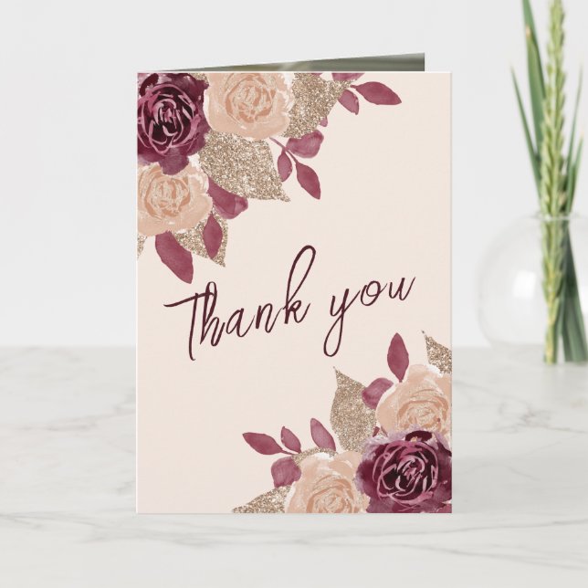 Elegantes Gold Burgundy Roses Wedding Foto Dankeskarte (Vorderseite)