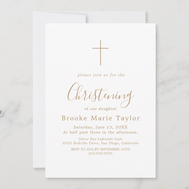 Elegantes Gold Calligraphy Cross Christening Einladung (Vorderseite)