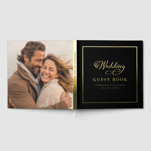 Elegantes Gold Calligraphy Foto Wedding Chic Black Gästebuch (Voll)