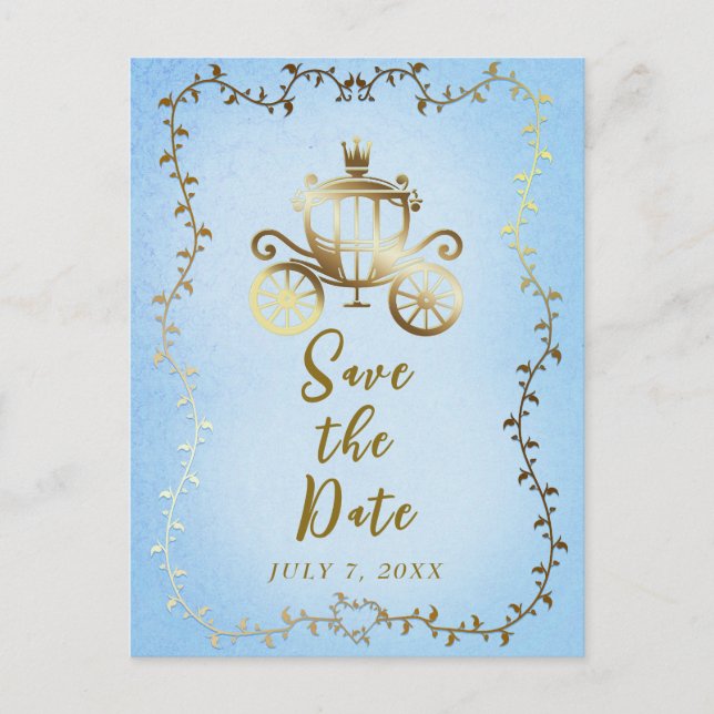 Elegantes Gold Carriage Storybook Save the Date Ankündigungspostkarte (Vorderseite)