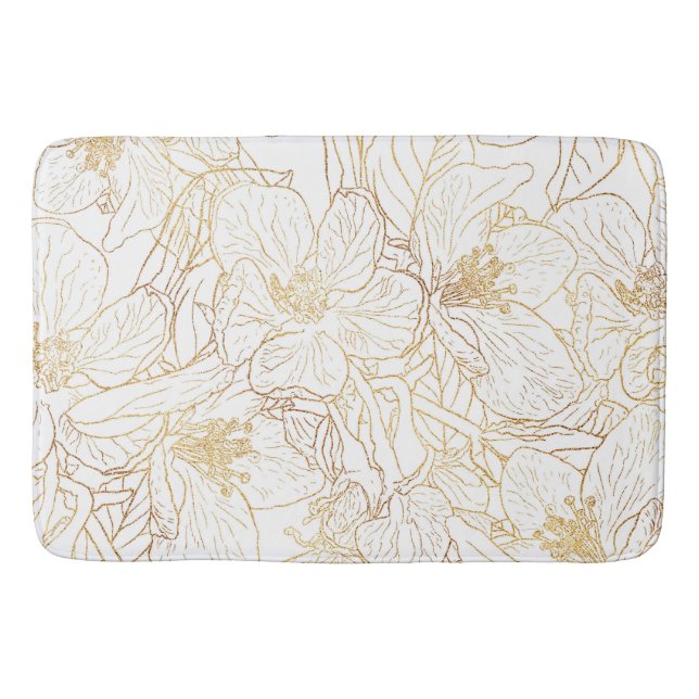 Elegantes Gold Cherry Blossom Blume Weißes Design Badematte (Vorderseite)