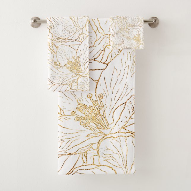 Elegantes Gold Cherry Blossom Blume Weißes Design Badhandtuch Set (Insitu)