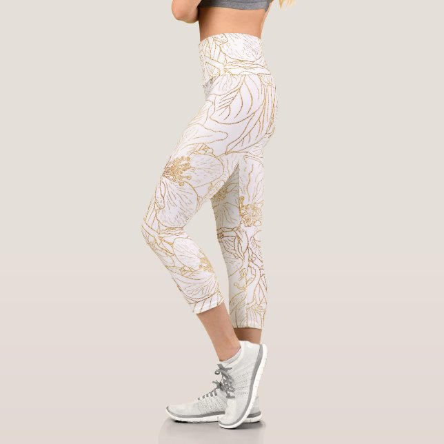 Elegantes Gold Cherry Blossom Blume Weißes Design Capri Leggings (Links)