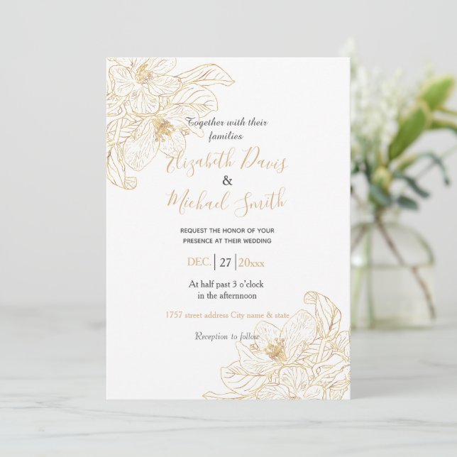 Elegantes Gold Cherry Blossom Blume Weißes Design Einladung (Stehend Vorderseite)
