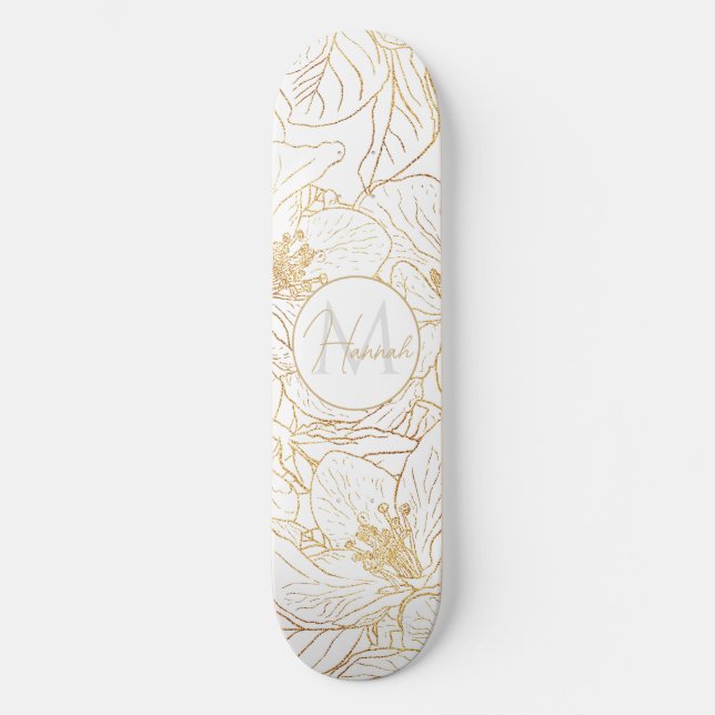 Elegantes Gold Cherry Blossom Blume Weißes Design Skateboard (Vorderseite)