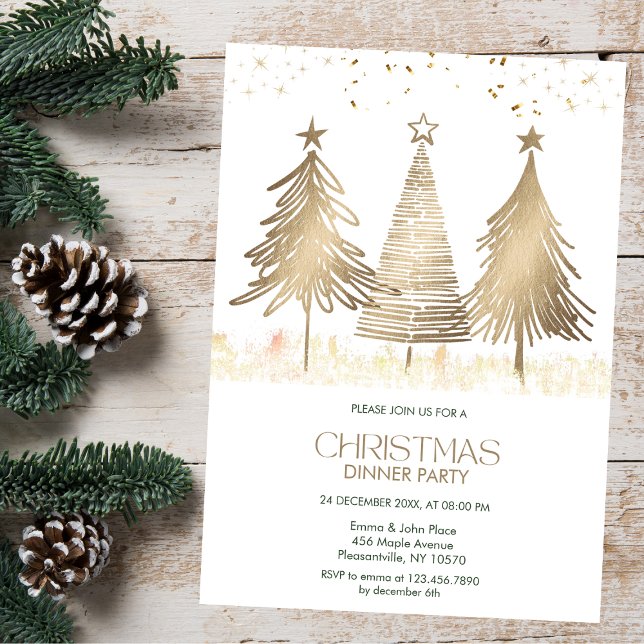 Elegantes Gold Christmas Trees Dinner Party Einladung (Von Creator hochgeladen)