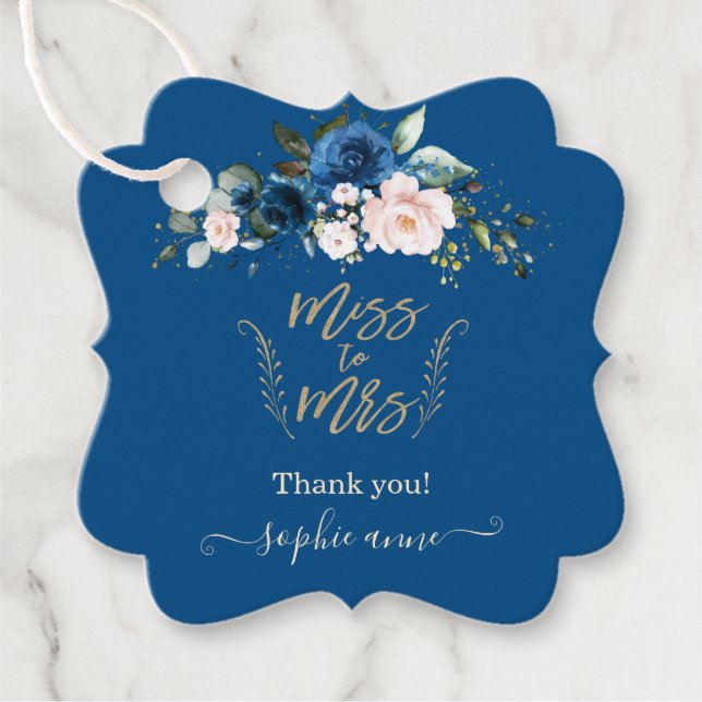 Elegantes Gold Classic Blue Floral Brautparty Geschenkanhänger (Vorderseite)